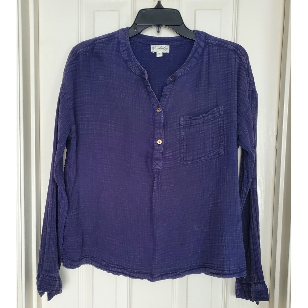 Cotton Gauze Henley Top Navy Blue Long Sleeve Casual Boho Blouse Comfy Everyday